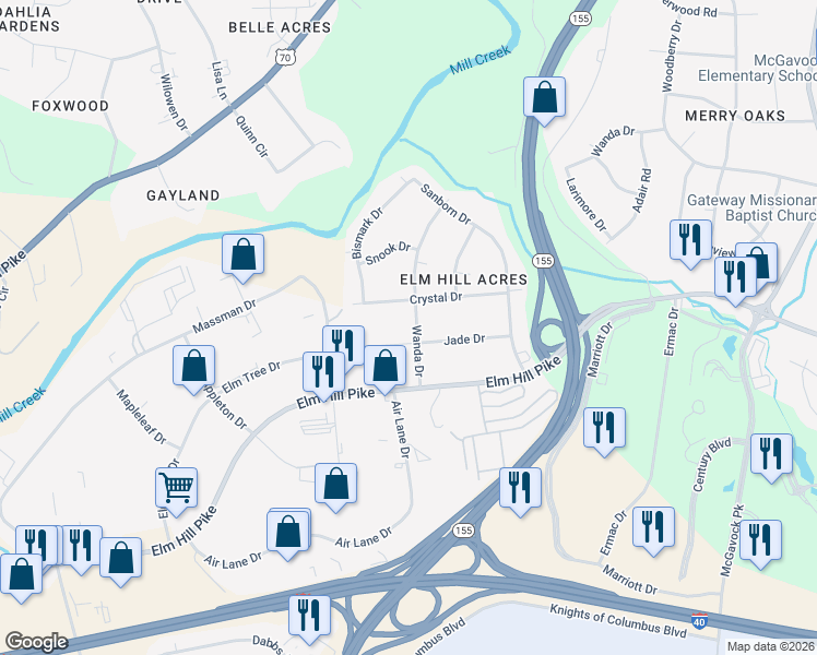 map of restaurants, bars, coffee shops, grocery stores, and more near 530A Wanda Drive in Nashville