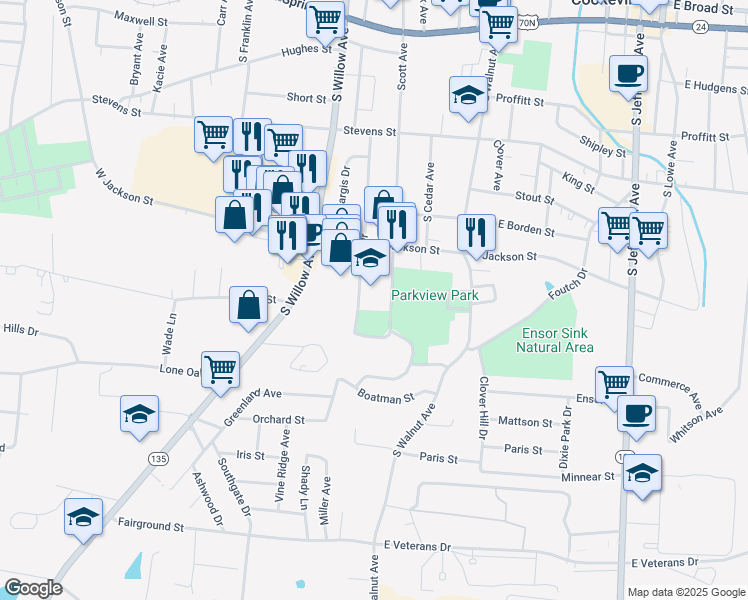 map of restaurants, bars, coffee shops, grocery stores, and more near 545 Scott Avenue in Cookeville