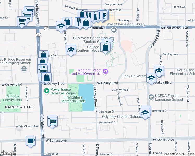 map of restaurants, bars, coffee shops, grocery stores, and more near South Torrey Pines Drive in Las Vegas