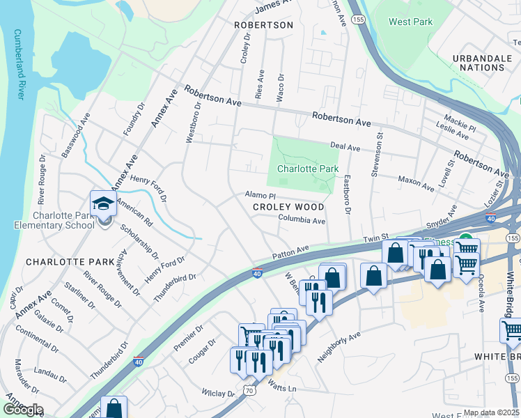 map of restaurants, bars, coffee shops, grocery stores, and more near 6375 Alamo Place in Nashville