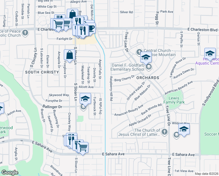 map of restaurants, bars, coffee shops, grocery stores, and more near 1711 Raspberry Hill Road in Las Vegas