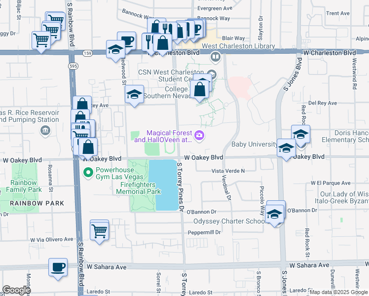 map of restaurants, bars, coffee shops, grocery stores, and more near 1501-1699 South Torrey Pines Drive in Las Vegas