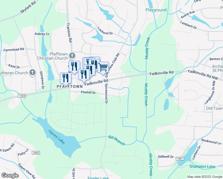 map of restaurants, bars, coffee shops, grocery stores, and more near 4540 Yadkinville Road in Winston-Salem