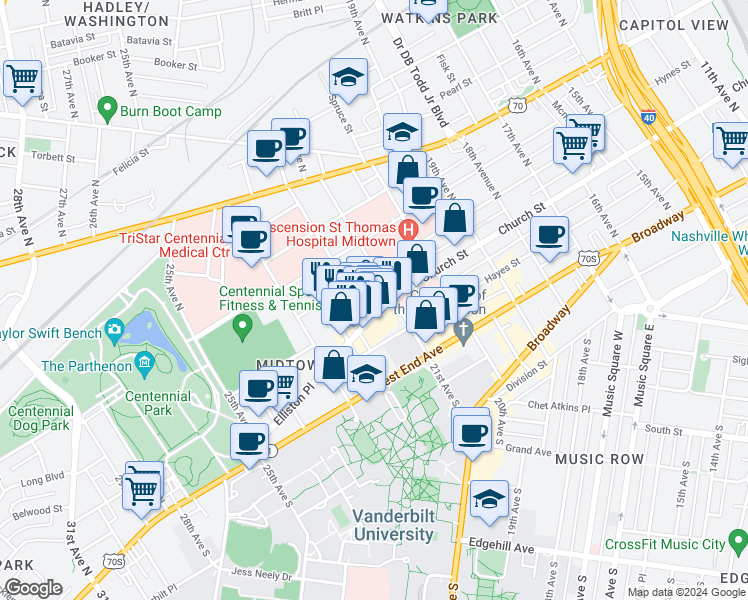 map of restaurants, bars, coffee shops, grocery stores, and more near 2107 State Street in Nashville
