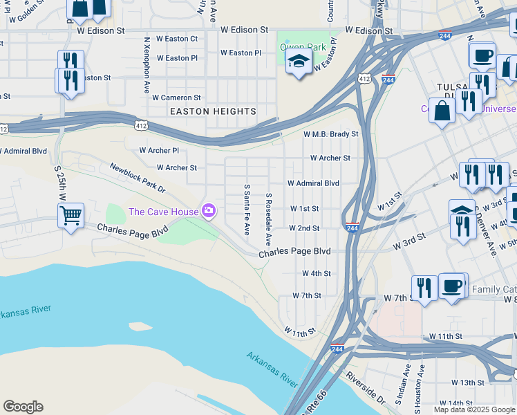 map of restaurants, bars, coffee shops, grocery stores, and more near 17 South Rosedale Avenue in Tulsa