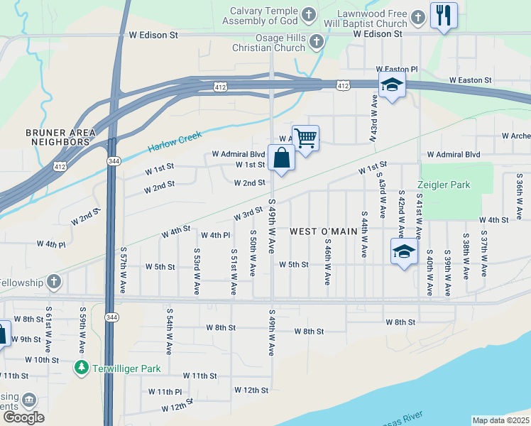 map of restaurants, bars, coffee shops, grocery stores, and more near 4915 West 3rd Street in Tulsa