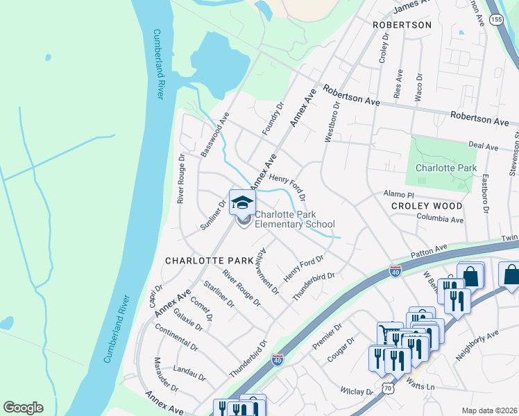 map of restaurants, bars, coffee shops, grocery stores, and more near 602 American Road in Nashville