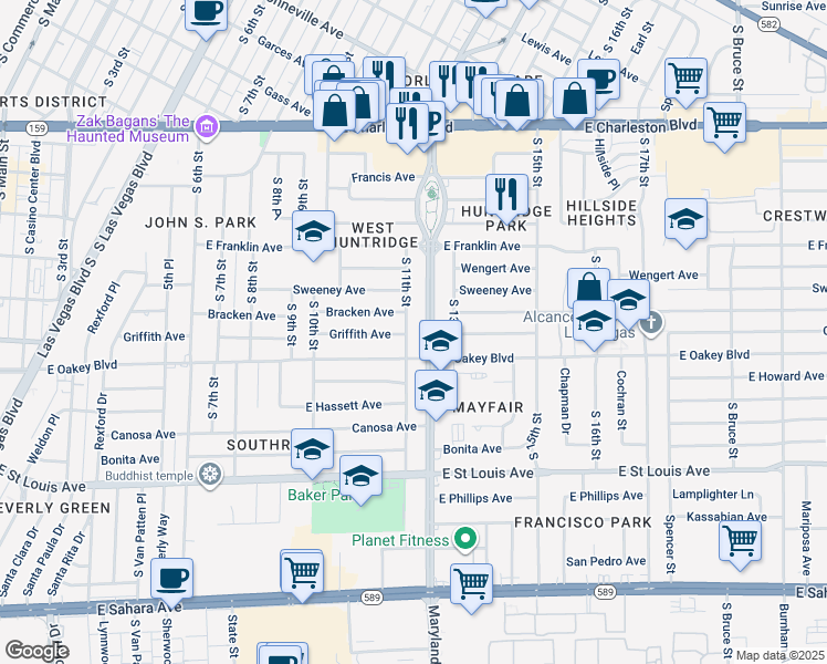 map of restaurants, bars, coffee shops, grocery stores, and more near 1515 South 11th Street in Las Vegas