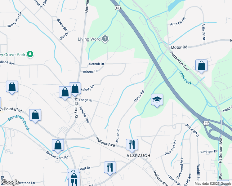 map of restaurants, bars, coffee shops, grocery stores, and more near 240 Lodge Street in Winston-Salem