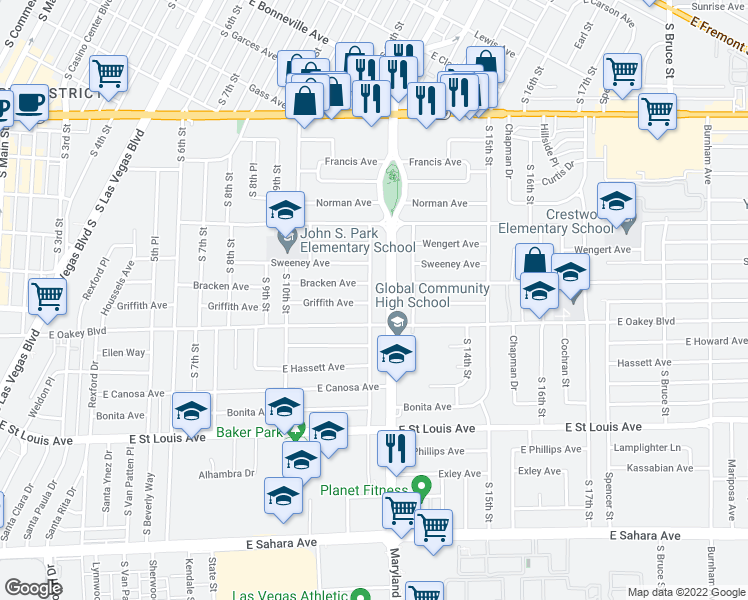 map of restaurants, bars, coffee shops, grocery stores, and more near 1515 South 11th Street in Las Vegas