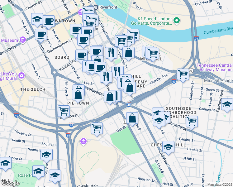 map of restaurants, bars, coffee shops, grocery stores, and more near 800 4th Avenue South in Nashville