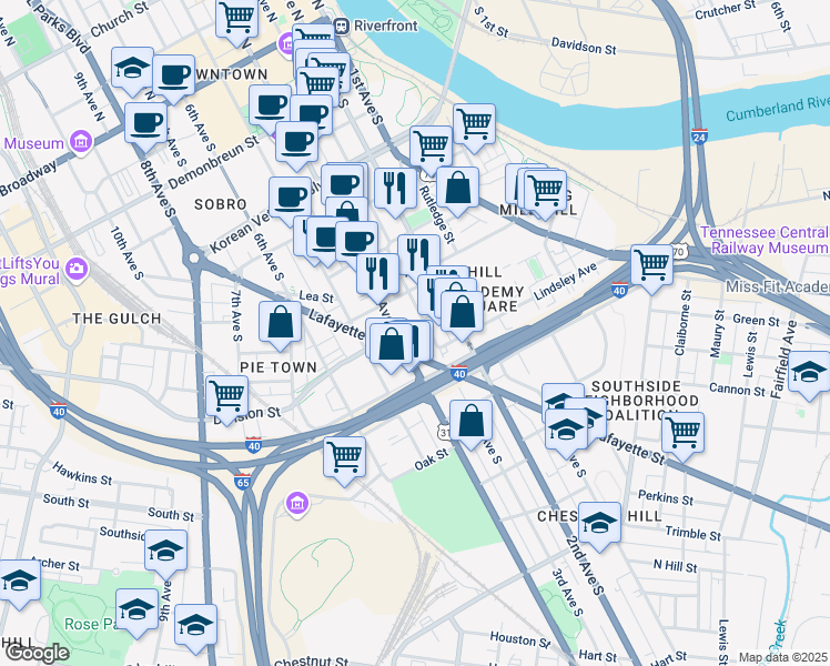 map of restaurants, bars, coffee shops, grocery stores, and more near 800 4th Avenue South in Nashville