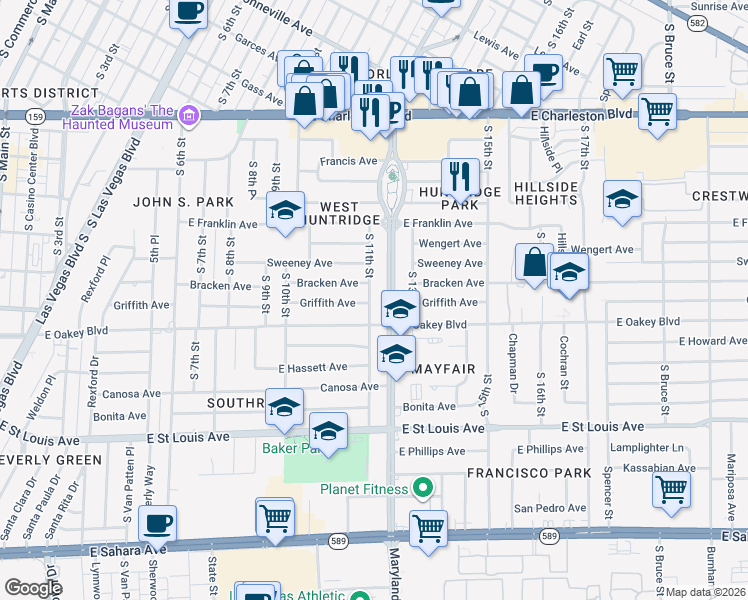 map of restaurants, bars, coffee shops, grocery stores, and more near 1515 South 11th Street in Las Vegas
