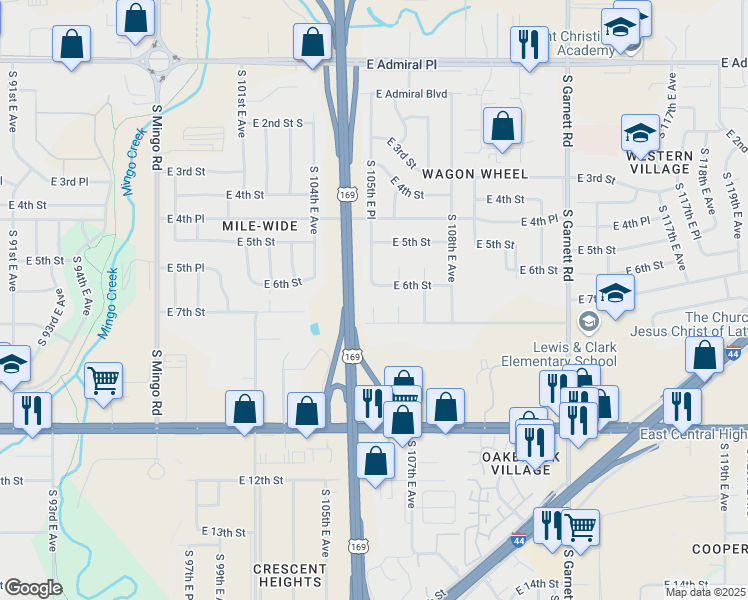 map of restaurants, bars, coffee shops, grocery stores, and more near 613 South 105th East Place in Tulsa