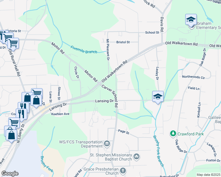 map of restaurants, bars, coffee shops, grocery stores, and more near 4535 Carver School Road in Winston-Salem