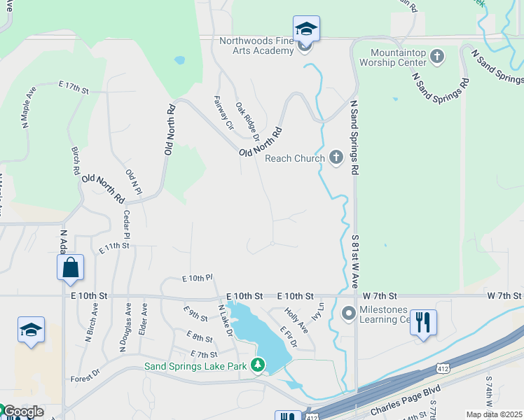 map of restaurants, bars, coffee shops, grocery stores, and more near 1548 Lakeside Drive in Sand Springs