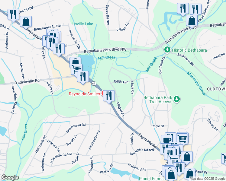 map of restaurants, bars, coffee shops, grocery stores, and more near 3226 Midkiff Road in Winston-Salem