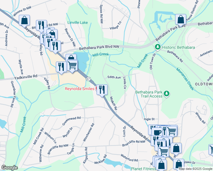 map of restaurants, bars, coffee shops, grocery stores, and more near 3226 Midkiff Road in Winston-Salem