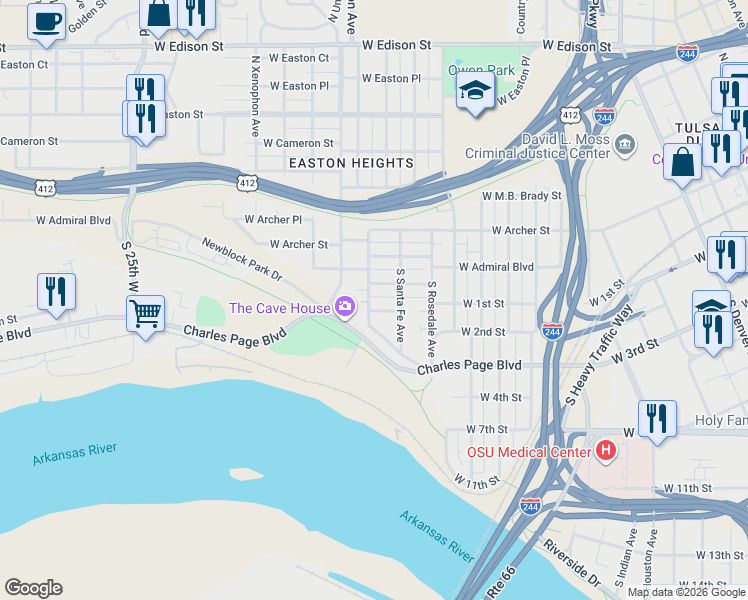 map of restaurants, bars, coffee shops, grocery stores, and more near 43 South Tacoma Avenue in Tulsa