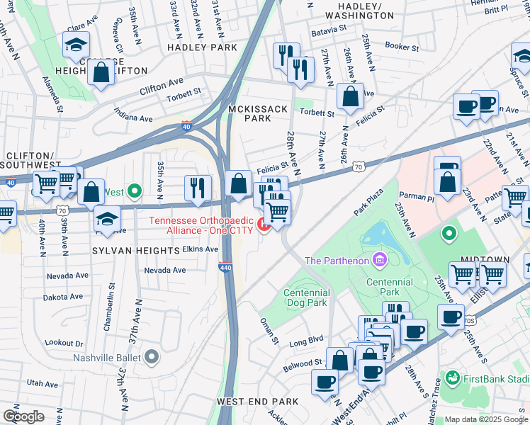 map of restaurants, bars, coffee shops, grocery stores, and more near 9 City Avenue in Nashville