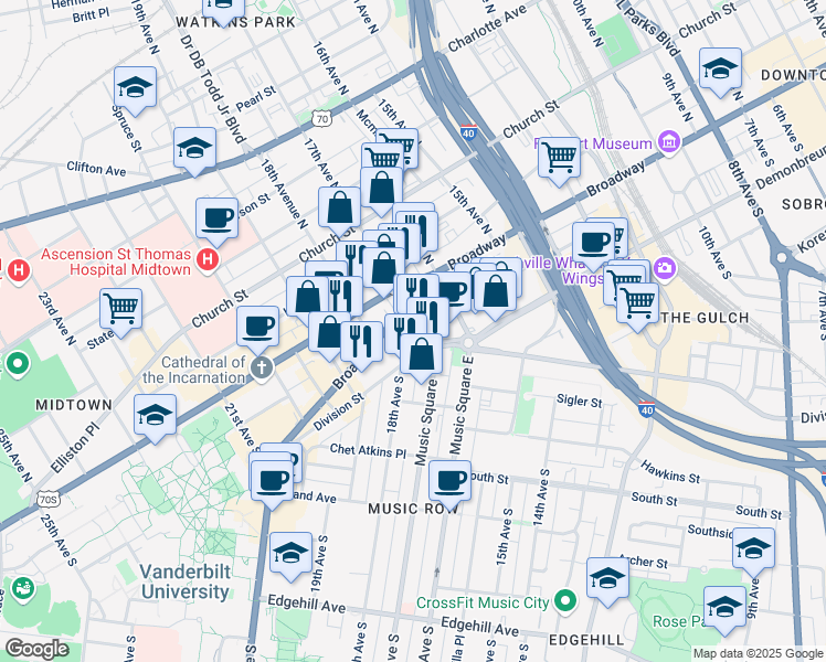 map of restaurants, bars, coffee shops, grocery stores, and more near in Nashville