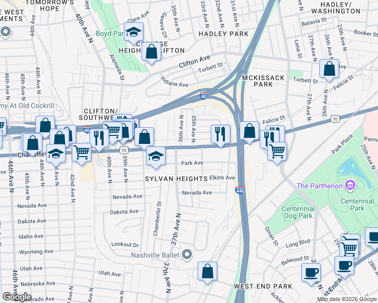 map of restaurants, bars, coffee shops, grocery stores, and more near in Nashville