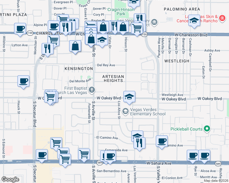 map of restaurants, bars, coffee shops, grocery stores, and more near 1647 Los Altos Place in Las Vegas