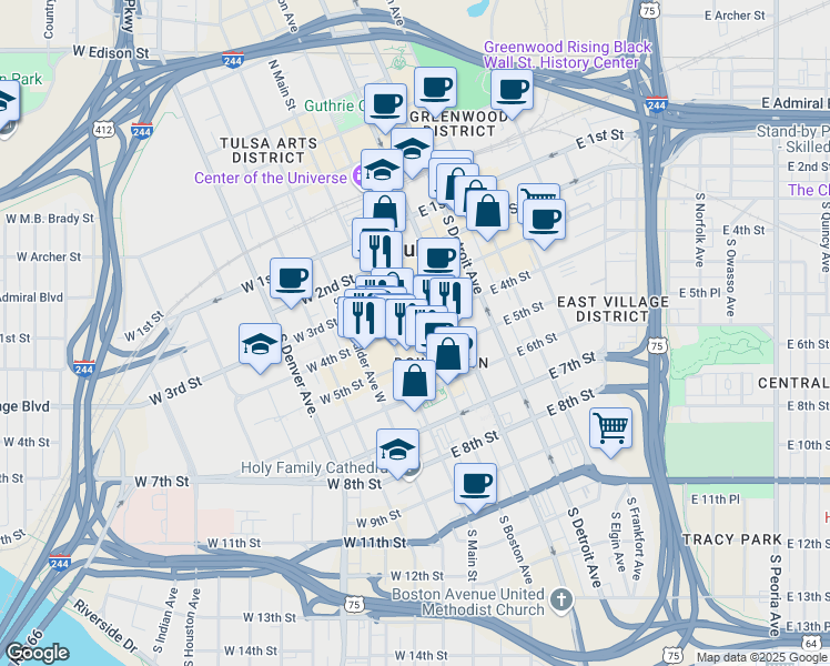 map of restaurants, bars, coffee shops, grocery stores, and more near 321 South Boston Avenue in Tulsa