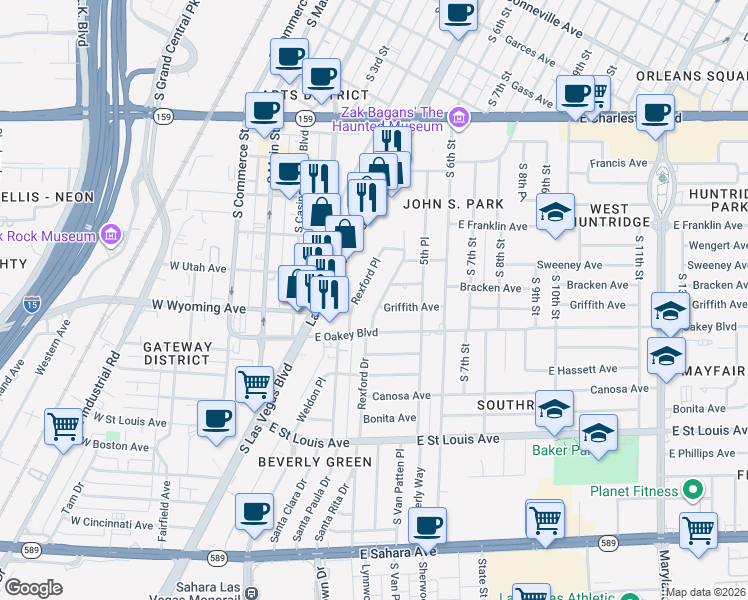 map of restaurants, bars, coffee shops, grocery stores, and more near 1504 Houssels Avenue in Las Vegas