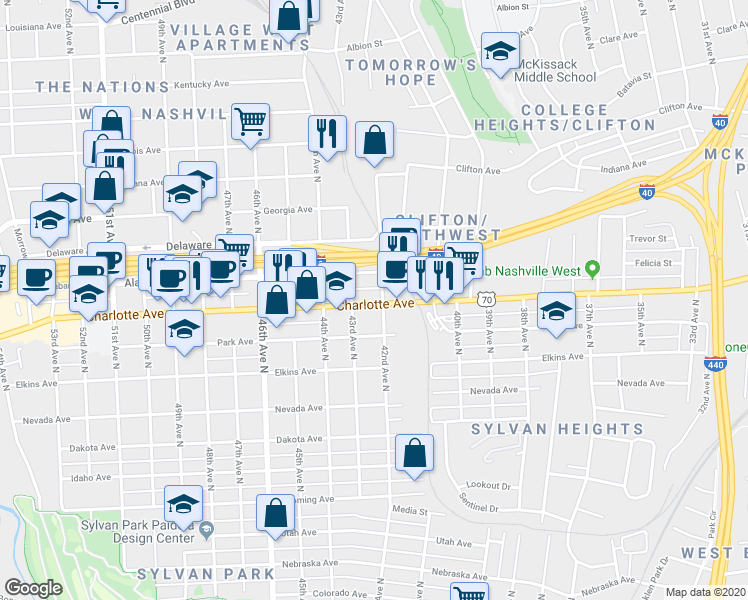 map of restaurants, bars, coffee shops, grocery stores, and more near 4200 Charlotte Avenue in Nashville