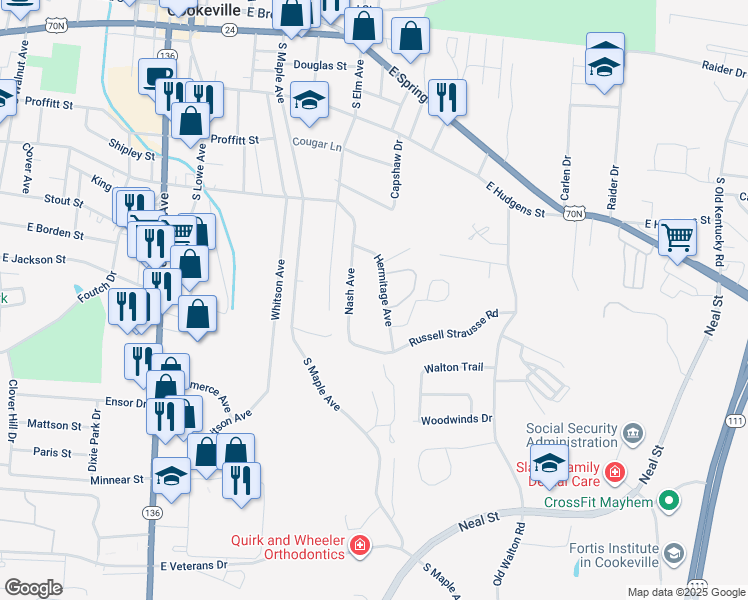 map of restaurants, bars, coffee shops, grocery stores, and more near 383 Hermitage Avenue in Cookeville