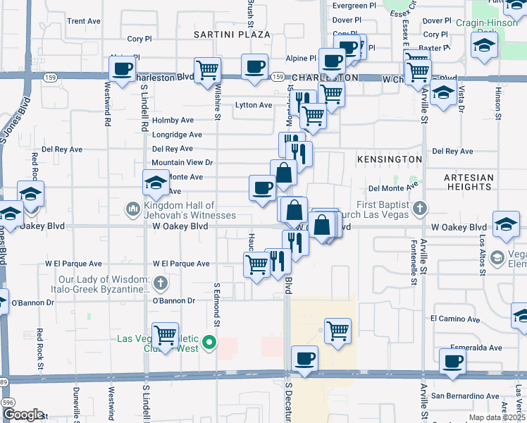 map of restaurants, bars, coffee shops, grocery stores, and more near 5000 West Oakey Boulevard in Las Vegas