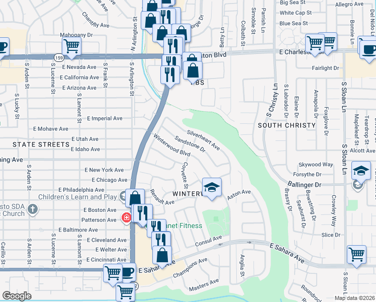 map of restaurants, bars, coffee shops, grocery stores, and more near 5241 Sandstone Drive in Las Vegas
