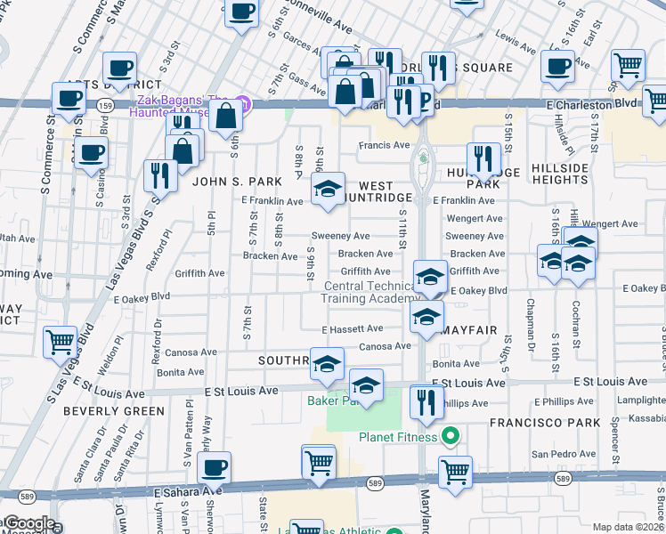 map of restaurants, bars, coffee shops, grocery stores, and more near 1500 South 10th Street in Las Vegas