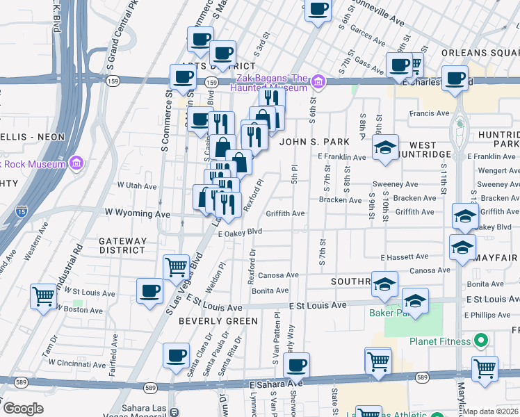 map of restaurants, bars, coffee shops, grocery stores, and more near 1504 Houssels Avenue in Las Vegas