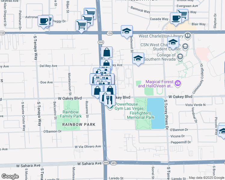 map of restaurants, bars, coffee shops, grocery stores, and more near 6811 San Ricardo in Las Vegas