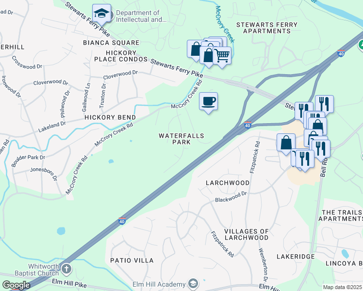 map of restaurants, bars, coffee shops, grocery stores, and more near 3307 Falls Creek Drive in Nashville