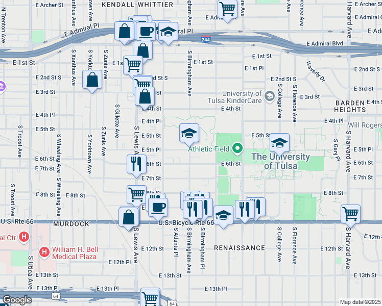 map of restaurants, bars, coffee shops, grocery stores, and more near 2604 South Columbia Avenue in Tulsa