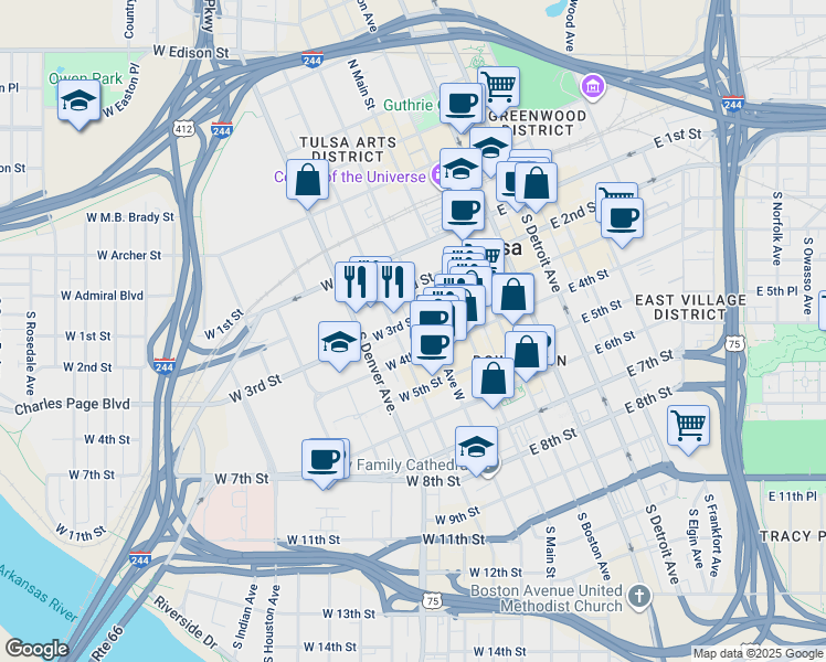 map of restaurants, bars, coffee shops, grocery stores, and more near 302 South Boulder Avenue in Tulsa