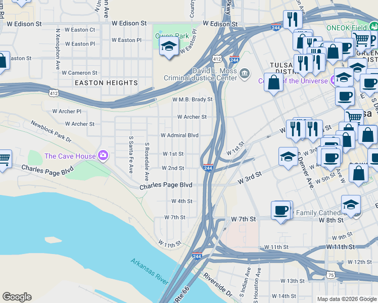 map of restaurants, bars, coffee shops, grocery stores, and more near 14 South Olympia Avenue in Tulsa