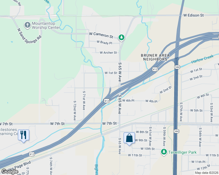 map of restaurants, bars, coffee shops, grocery stores, and more near 210 South 65th West Avenue in Tulsa