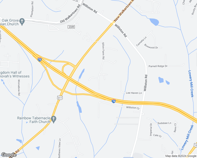 map of restaurants, bars, coffee shops, grocery stores, and more near Dillon Farm Road in Winston-Salem