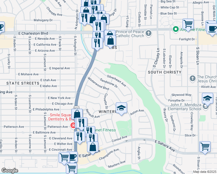 map of restaurants, bars, coffee shops, grocery stores, and more near 1844 Winterwood Boulevard in Las Vegas
