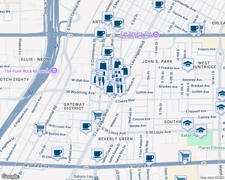 map of restaurants, bars, coffee shops, grocery stores, and more near 1521 South Casino Center Boulevard in Las Vegas