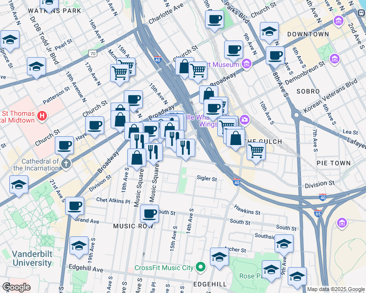 map of restaurants, bars, coffee shops, grocery stores, and more near 1515 Demonbreun Street in Nashville