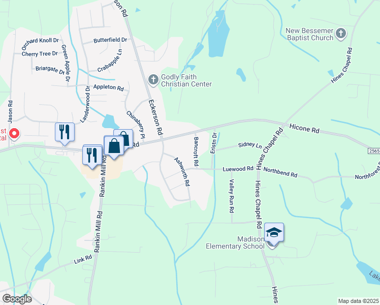 map of restaurants, bars, coffee shops, grocery stores, and more near 5305 Bancroft Road in Greensboro