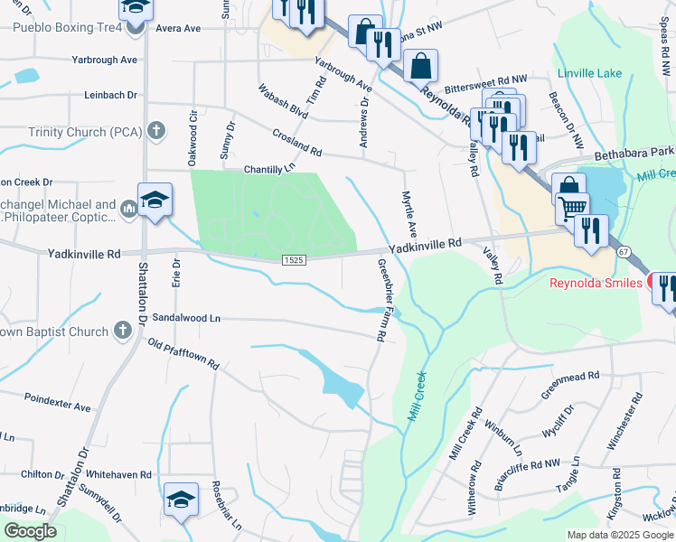 map of restaurants, bars, coffee shops, grocery stores, and more near 3842 Rutherford Court in Winston-Salem