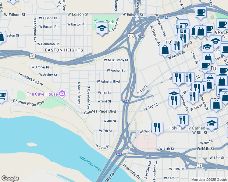 map of restaurants, bars, coffee shops, grocery stores, and more near 14 South Olympia Avenue in Tulsa