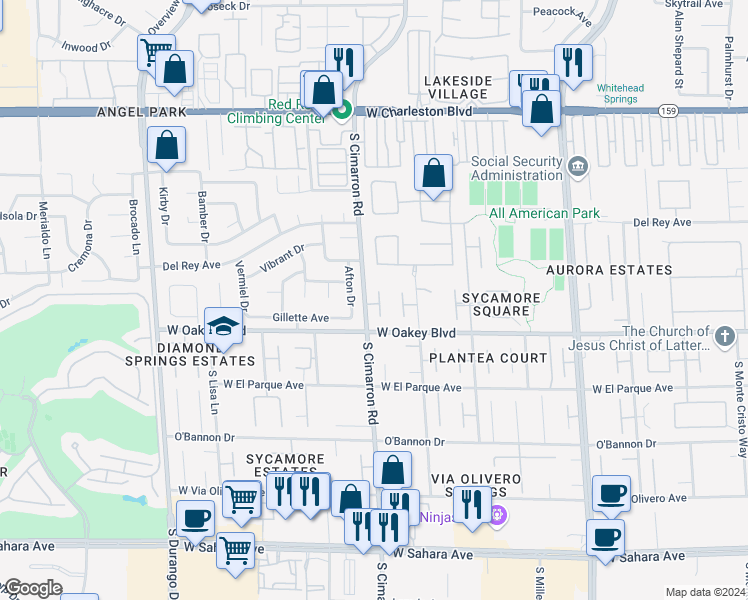 map of restaurants, bars, coffee shops, grocery stores, and more near 1621 Fairgate Court in Las Vegas