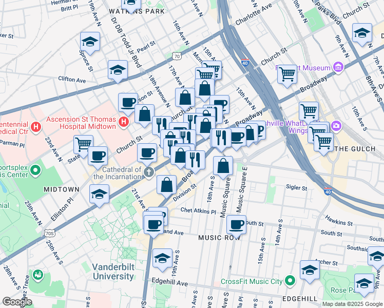 map of restaurants, bars, coffee shops, grocery stores, and more near 701 18th Avenue North in Nashville